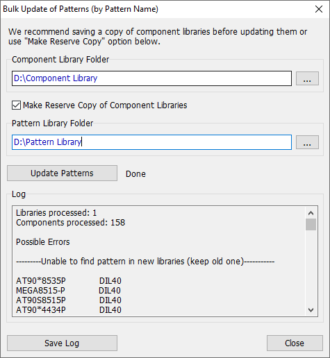 Bulk Update of Patterns dialog: Component Library Folder and Pattern Library Folder paths, Make Reserve Copy of Component Libraries checkbox, Update Patterns button, processing log listing errors