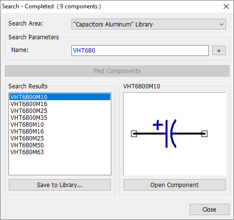 Search - Completed dialog: Search Area library dropdown, Name field, Search Results list with matching component preview, Save to Library/Open Component/Close buttons