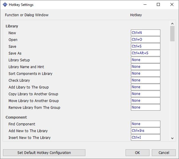 Hotkey Settings dialog: list of functions and dialog windows each with an assignable hotkey field, Set Default Hotkey Configuration button, OK/Cancel
