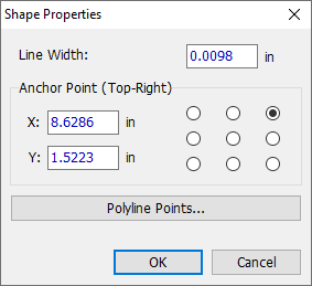 Shape Properties dialog for a polyline: Line Width field, Anchor Point selector grid, X/Y position fields, Polyline Points button, OK/Cancel
