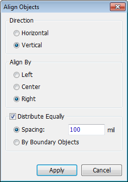 Align Objects dialog: Direction (Horizontal/Vertical), Align By (Left/Center/Right), Distribute Equally checkbox with Spacing in mil or By Boundary Objects, Apply/Cancel