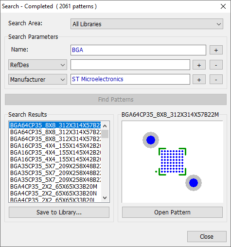 Search - Completed dialog: Search Area dropdown (All Libraries), Name/RefDes/Manufacturer search fields with add/remove buttons, Find Patterns button, Search Results list with pattern preview image, Save to Library/Open Pattern/Close buttons