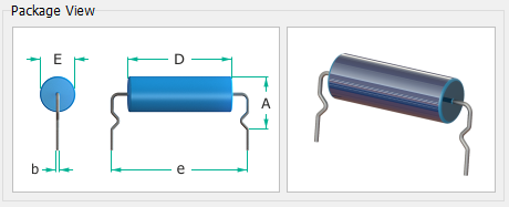 Package View panel showing an axial component outline with dimension callouts (D, E, e, A, b) alongside a 3D preview of the part