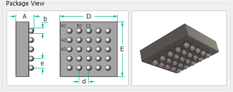 Package View panel showing a BGA footprint outline with ball grid, pin A1 marker, and dimension callouts (A, b, D, E, d) alongside a 3D preview