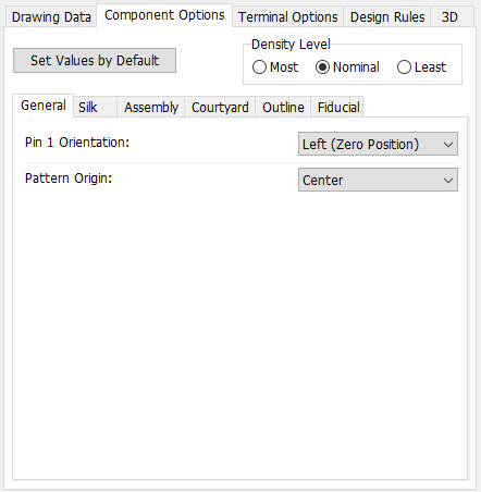 Chip pattern generator, Component Options tab: Density Level radio buttons (Most/Nominal/Least), sub-tabs (General/Silk/Assembly/Courtyard/Outline/Fiducial), Pin 1 Orientation and Pattern Origin dropdowns