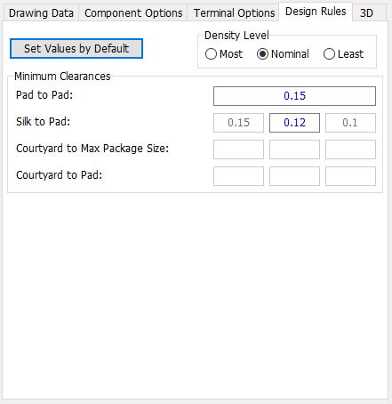Chip pattern generator, Design Rules tab: Density Level radio buttons, Minimum Clearances fields (Pad to Pad, Silk to Pad, Courtyard to Max Package Size, Courtyard to Pad)