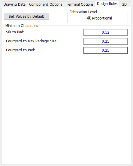DIP pattern generator, Design Rules tab: Set Values by Default button, Fabrication Level Proportional option, Minimum Clearances fields (Silk to Pad, Courtyard to Max Package Size, Courtyard to Pad)