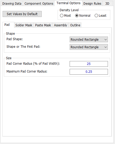 QFP pattern generator, Terminal Options tab: Density Level radio buttons, sub-tabs (Pad/Solder Mask/Paste Mask/Assembly/Outline), Pad Shape and Shape of The First Pad dropdowns (Rounded Rectangle), Pad Corner Radius fields