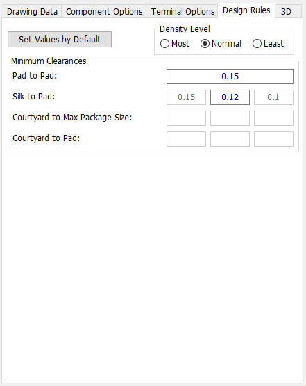 SOIC pattern generator, Design Rules tab: Density Level radio buttons, Minimum Clearances fields (Pad to Pad, Silk to Pad, Courtyard to Max Package Size, Courtyard to Pad)