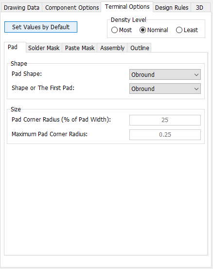 SOIC pattern generator, Terminal Options tab: Density Level radio buttons, sub-tabs (Pad/Solder Mask/Paste Mask/Assembly/Outline), Pad Shape and Shape of The First Pad dropdowns (Obround), Pad Corner Radius fields