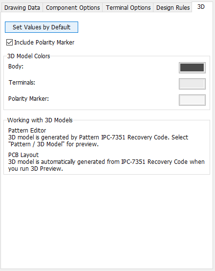 SOT-23 pattern generator, 3D tab: Set Values by Default button, Include Polarity Marker checkbox, 3D Model Colors (Body/Terminals/Polarity Marker), note on 3D model generation from IPC-7351 Recovery Code