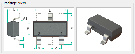 Package View panel showing an SOT-23 outline with pin markers and dimension callouts (A, D, E1, E, A1, b, e) alongside a 3D preview