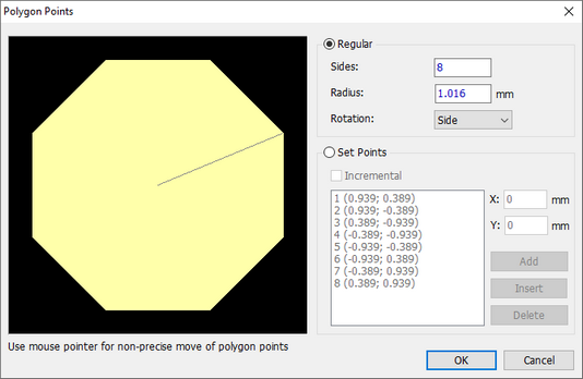 Polygon Points dialog: regular octagon preview, Regular radio button with Sides/Radius/Rotation fields, Set Points radio button with an editable X/Y point table, Incremental checkbox, Add/Insert/Delete buttons, OK/Cancel