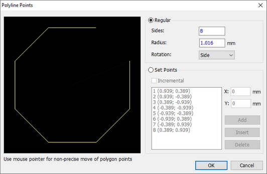 Polyline Points dialog: regular octagon-shaped polyline preview, Regular radio button with Sides/Radius/Rotation fields, Set Points radio button with an editable X/Y point table, Incremental checkbox, Add/Insert/Delete buttons, OK/Cancel