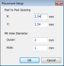 Placement Setup dialog: Pad to Pad Spacing X/Y fields, Mt Hole Diameter Outer/Hole fields, OK/Cancel