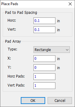 Place Pads dialog: Pad to Pad Spacing Horz/Vert fields, Pad Array Type dropdown (Rectangle), X/Y position, Horz Pads/Vert Pads count fields, OK/Cancel