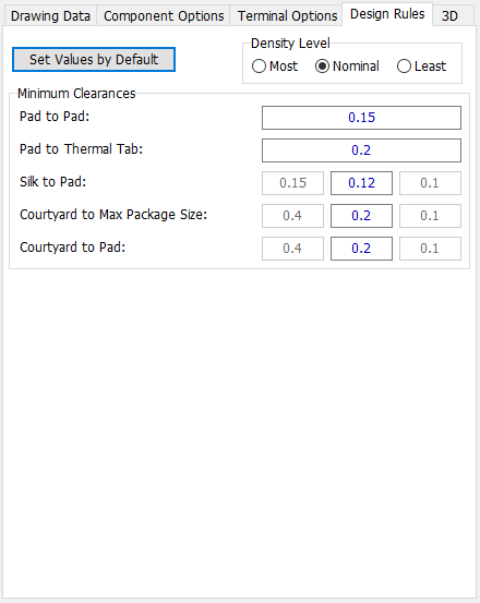 QFN pattern generator, Design Rules tab: Density Level radio buttons, Minimum Clearances fields (Pad to Pad, Pad to Thermal Tab, Silk to Pad, Courtyard to Max Package Size, Courtyard to Pad)