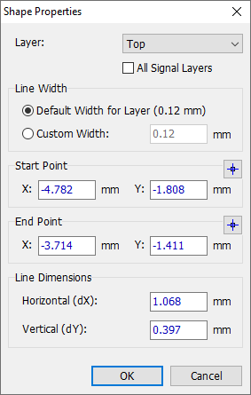 Shape Properties dialog for a line: Layer dropdown, Line Width (Default or Custom), Start/End Point X/Y fields, Line Dimensions Horizontal/Vertical fields, OK/Cancel