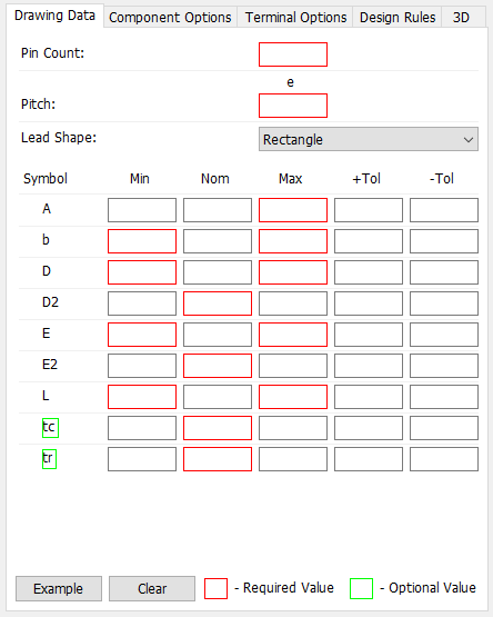 SON pattern generator, Drawing Data tab: Pin Count field, Pitch (e) field, Lead Shape dropdown (Rectangle), dimension table (Symbol/Min/Nom/Max/+Tol/-Tol) for A/b/D/D2/E/E2/L/tc/tr, Example/Clear buttons