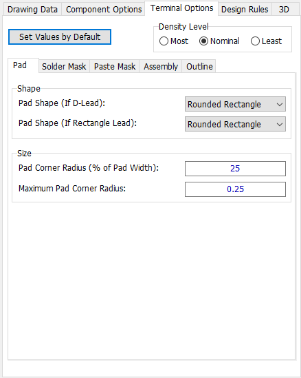 SON pattern generator, Terminal Options tab: Density Level radio buttons, sub-tabs (Pad/Solder Mask/Paste Mask/Assembly/Outline), Pad Shape (If D-Lead) and Pad Shape (If Rectangle Lead) dropdowns (Rounded Rectangle), Pad Corner Radius fields