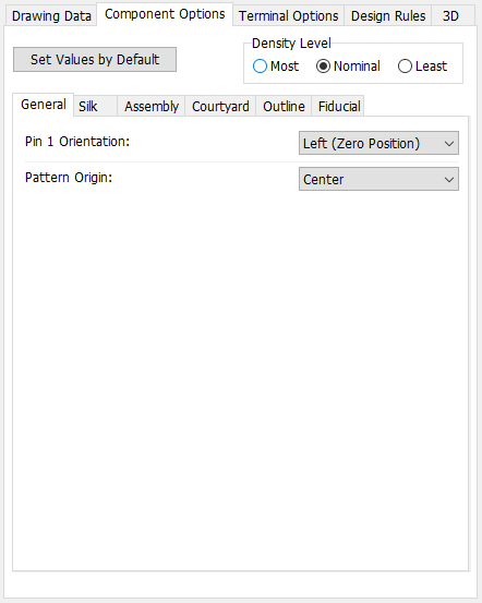SON pattern generator, Component Options tab: Density Level radio buttons, sub-tabs (General/Silk/Assembly/Courtyard/Outline/Fiducial), Pin 1 Orientation and Pattern Origin dropdowns