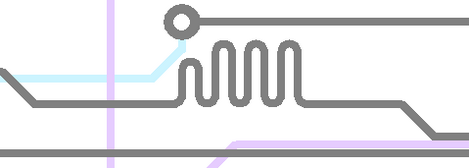 PCB trace before length-tuning: a straight trace segment shown alongside the target length markers, before meander (accordion) shapes are added