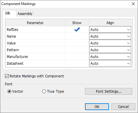 Component Markings dialog, Silk tab: table of markings (RefDes, Name, Value, Pattern, Manufacturer, Datasheet) with Show and Align columns, Rotate Markings with Component checkbox, Font type radio buttons (Vector/True Type), Font Settings button, OK/Cancel