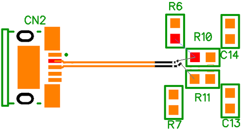 PCB layout view of a differential pair trace routed between a connector (CN2) and nearby components (R6, R10, R7, C14, R11, C13), with a highlighted length-tuning marker