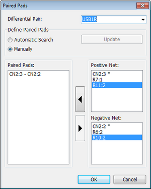Paired Pads dialog: Differential Pair name field, Define Paired Pads Automatic Search/Manually radio buttons with Update button, Positive Net and Negative Net pad lists, OK/Cancel