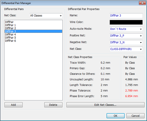Differential Pair Manager dialog: Net Class filter dropdown, Differential Pairs list, Differential Pair Properties (Name, Wire Color, Auto-Route Mode, Positive/Negative Net, Net Class), Net Class Properties and Pair Values table (Trace Width, Primary Gap, Clearance to Others, Uncoupled Length, Length Tolerance, Phase Tolerance, Phase Error Length), Add/Delete/Edit Net Classes buttons, OK/Cancel