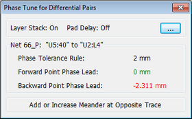 Phase Tune for Differential Pairs dialog: Layer Stack and Pad Delay status indicators, selected net path field, Phase Tolerance Rule, Forward/Backward Point Phase Lead values, Add or Increase Meander at Opposite Trace button