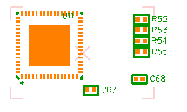 PCB layout view of a group of components (R52, R53, R54, R55, C67, C68) selected together with a dashed group-selection boundary around a central IC pattern