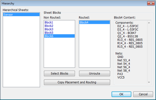 Hierarchy dialog: Hierarchical Sheets list, Sheet Blocks Non Routed/Routed lists, Block4 Content panel showing its Components and Nets, Select Blocks/Unroute/Copy Placement and Routing buttons, OK/Cancel