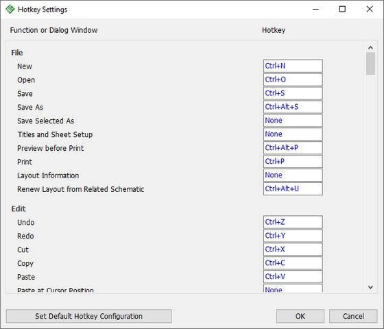 Hotkey Settings dialog: Function or Dialog Window list (File and Edit menu commands) each with an assignable hotkey field, Set Default Hotkey Configuration button, OK/Cancel