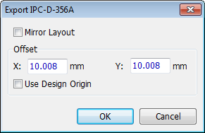 Export IPC-D-356A dialog: Mirror Layout checkbox, Offset X/Y fields, Use Design Origin checkbox, OK/Cancel