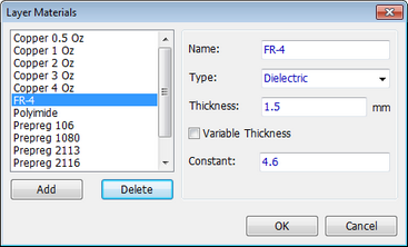 Layer Materials dialog: list of predefined materials (Copper weights, FR-4, Polyimide, Prepreg types), Name/Type/Thickness/Variable Thickness/Constant fields for the selected material, Add/Delete/OK/Cancel