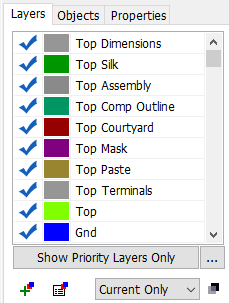 Layers panel: checklist of copper and silkscreen/mask/paste/courtyard/assembly layers with color swatches, Show Priority Layers Only option, Current Only dropdown