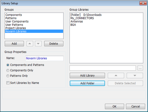 Library Setup dialog: Groups and Group Libraries lists, Group Properties Name field and Components and Patterns/Components Only/Patterns Only radio buttons, Sort Libraries by Name checkbox, Add Library/Add Folder/Delete Selected buttons, OK/Cancel