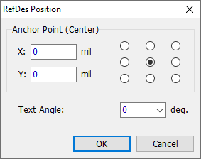 RefDes Position dialog: Anchor Point (Center) selector grid, X/Y position fields, Text Angle field, OK/Cancel