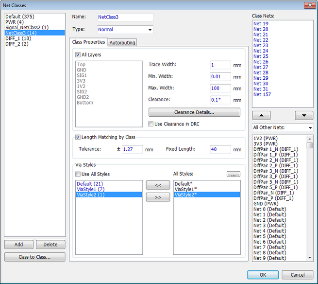 Net Classes dialog: net class tree with Class Properties/Autorouting tabs, Name and Type fields, All Layers checkbox, per-layer Trace Width/Min Width/Max Width/Clearance table, Clearance Details button, Length Matching by Class checkbox with Tolerance/Fixed Length, Via Styles selectable lists (Use All Styles), Class Nets and All Other Nets lists, Add/Delete/Class to Class buttons, OK/Cancel