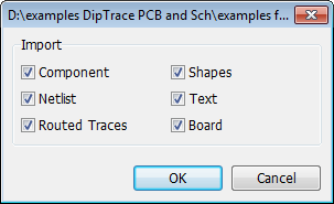 Import dialog for a DipTrace examples file: checkboxes for Component, Netlist, Routed Traces, Shapes, Text, Board, OK/Cancel