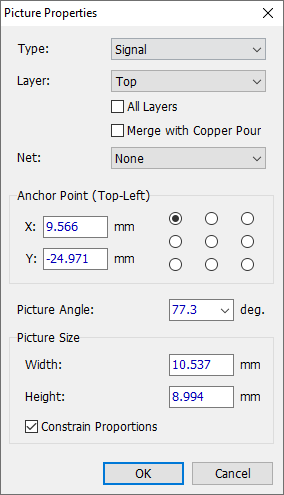 Picture Properties dialog: Type dropdown (Signal), Layer dropdown (Top), All Layers and Merge with Copper Pour checkboxes, Net dropdown, Anchor Point selector grid, X/Y position, Picture Angle field, Picture Size Width/Height fields, Constrain Proportions checkbox, OK/Cancel