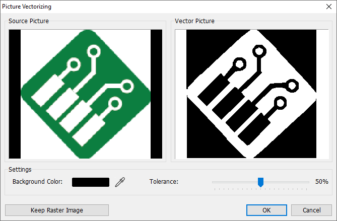 Picture Vectorizing dialog: Source Picture and Vector Picture preview panes, Background Color swatch with eyedropper tool, Tolerance slider, Keep Raster Image checkbox, OK/Cancel