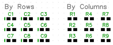 Diagram comparing RefDes renumbering By Rows (C1-C9 left to right, top to bottom) versus By Columns (R1-R9 top to bottom, left to right) for a 3x3 component grid