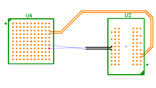 PCB layout view of a differential pair being routed together between two BGA-style component pads (U4 and U2), shown as two parallel orange traces