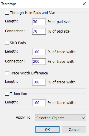 Teardrops dialog: Through-Hole Pads and Vias checkbox with Length/Connection percent-of-pad-size fields, SMD Pads checkbox with Length/Connection percent-of-trace-width fields, Trace Width Difference checkbox with Length field, T-Junction checkbox with Length field, Apply To dropdown (Selected Objects), OK/Cancel