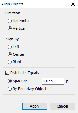 Align Objects dialog: Direction (Horizontal/Vertical), Align By (Left/Center/Right), Distribute Equally checkbox with Spacing field or By Boundary Objects, Apply/Cancel