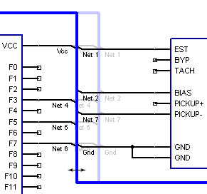 Schematic view of a bus with individual net wires (Net 1-Net 7) branching off to component pins, illustrating bus-to-net connections