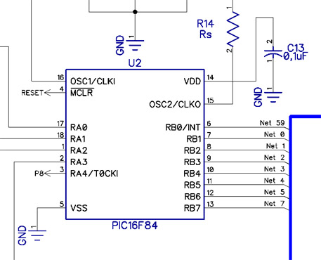 Schematic view of a microcontroller (PIC16F84) with labeled pins connected to nets, power/ground symbols, and passive components (R14, C13)