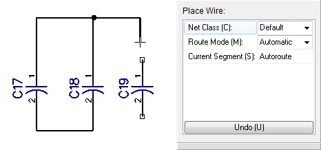 Schematic view of three capacitors (C7, C8, C9) connected by wires, alongside a Place Wire panel showing Net Class, Route Mode (Automatic), Current Segment (Autoroute) dropdowns and an Undo button